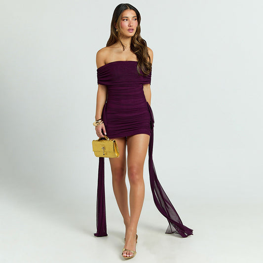 Elegant Shoulder Baring Pleated Mesh Embellished Dress