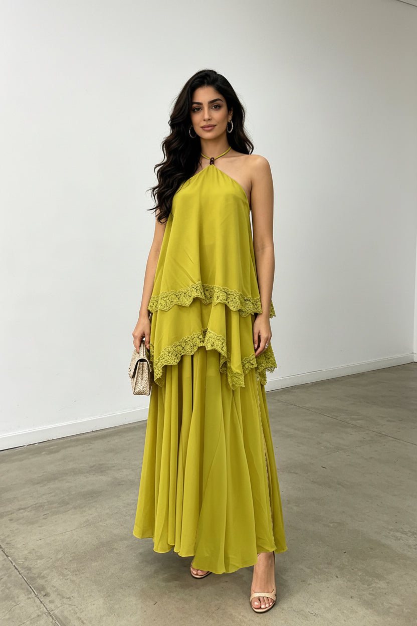 Tiered Halter Sleeveless Loose Profile Lace High Grade Dress