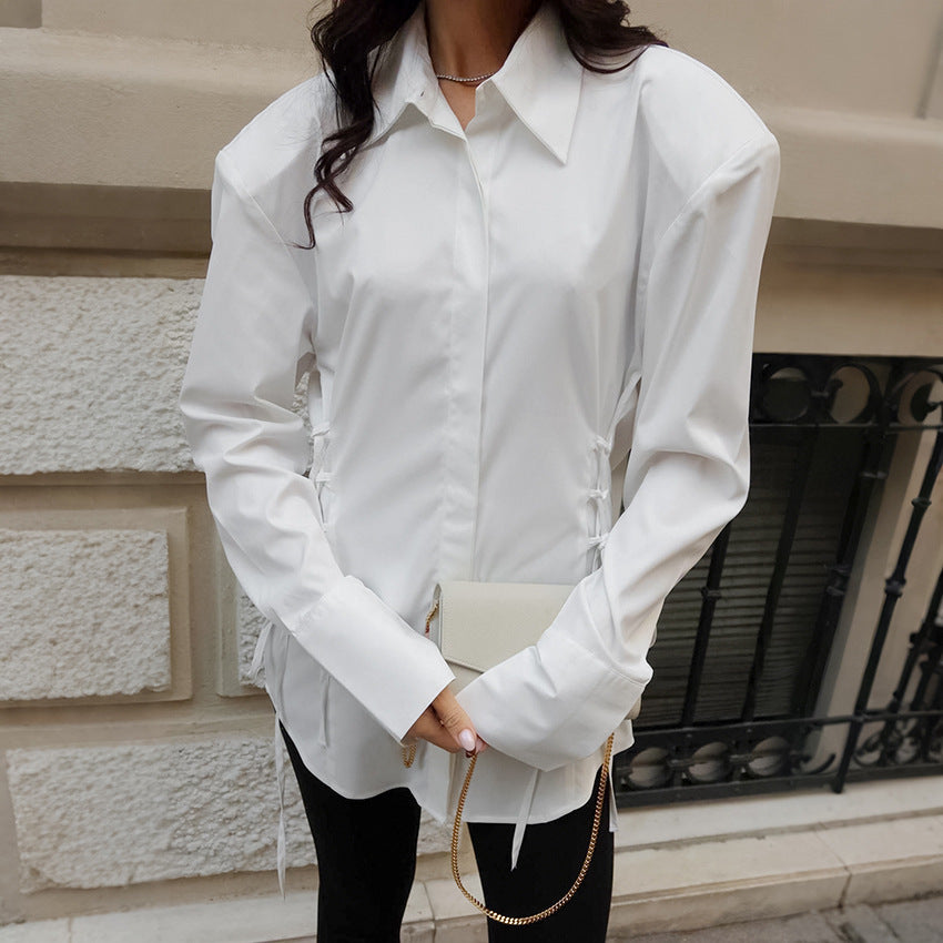Padded Shoulder Lace Waist Long Sleeves Top Niche White Shirt