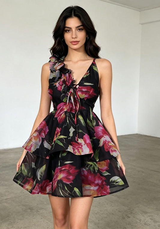 Romantic Three Dimensional Floral Short Dress