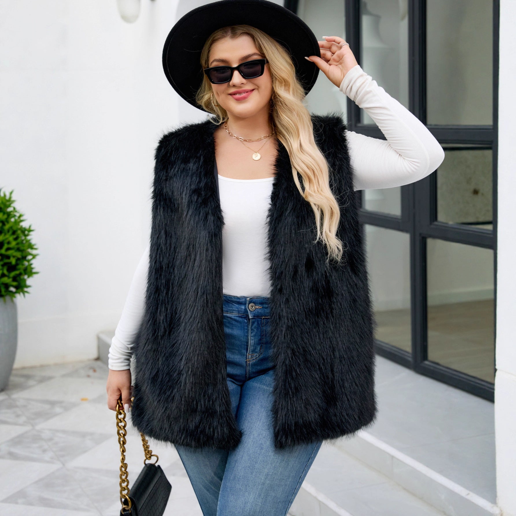 Plus Size Faux Fur V-Neck Vest Coat Sleeveless Vest