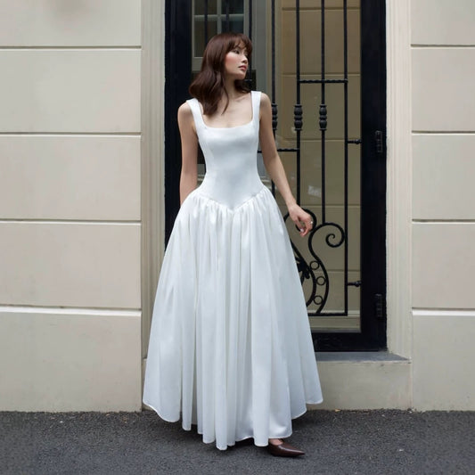 Square Collar Wide Shoulder Strap Satin Light Wedding