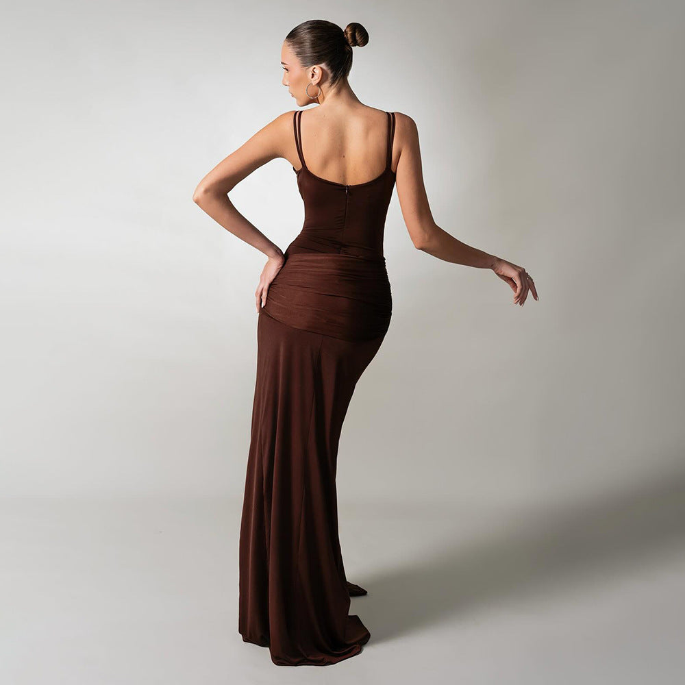 Dress Slim Fit Maxi Dress Backless Brown Pleating