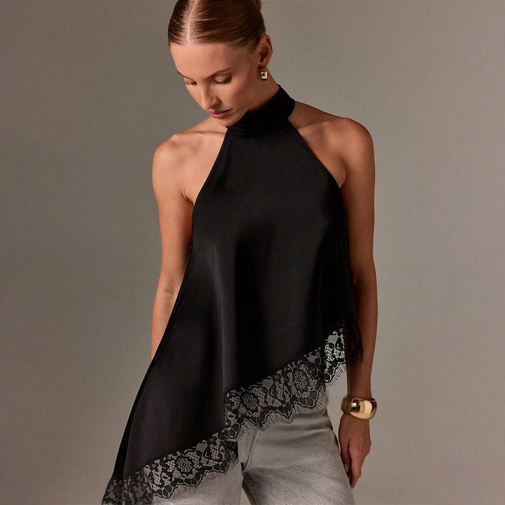 Satin Stitching Lace Vest Halter Sleeveless Small Stand Collar off Shoulder Irregular Asymmetric Top