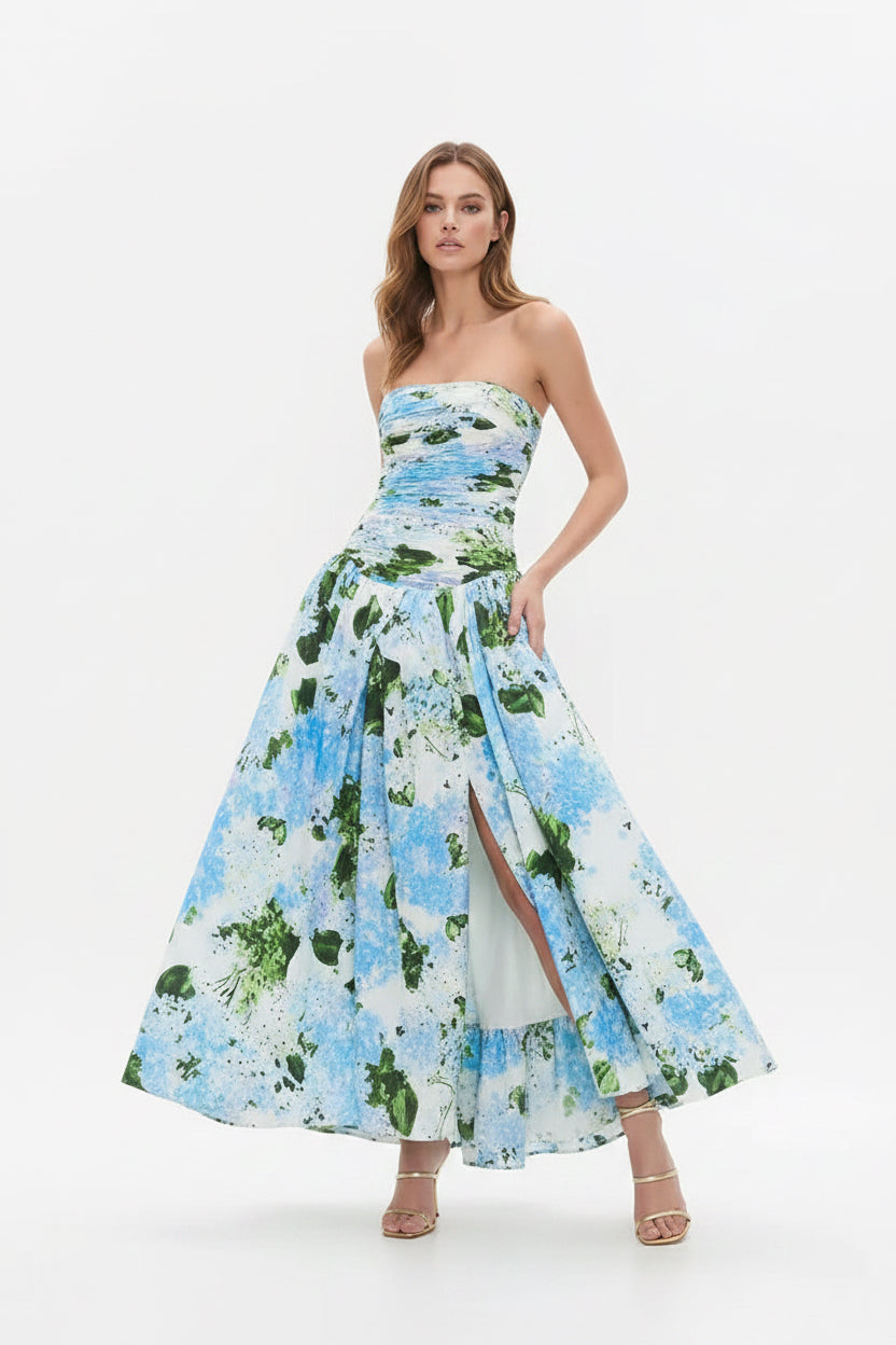 Fresh Printed Sleeveless Tube Top Tight Waist Slimming Slit Maxi Dress
