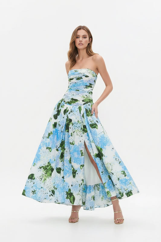 Fresh Printed Sleeveless Tube Top Tight Waist Slimming Slit Maxi Dress
