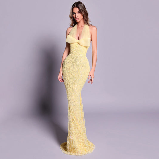 Yellow Heavy Industry Tube Bead Bow Halter Formal