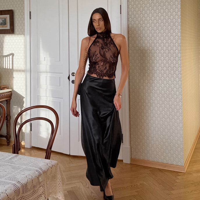 Black Lace See through Halterneck Vest Satin High Waist Skirt Two Piece Set