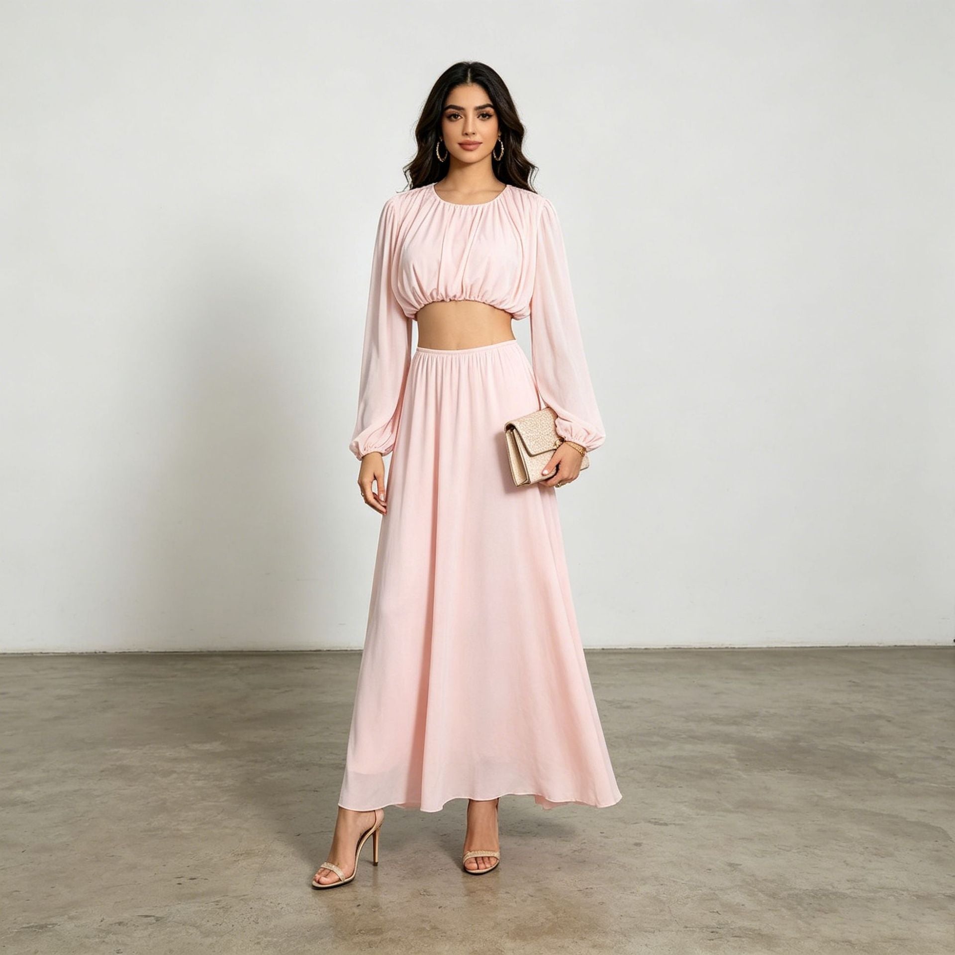Pleating Two Piece Sets round Neck Puff Sleeve Top Long Skirt