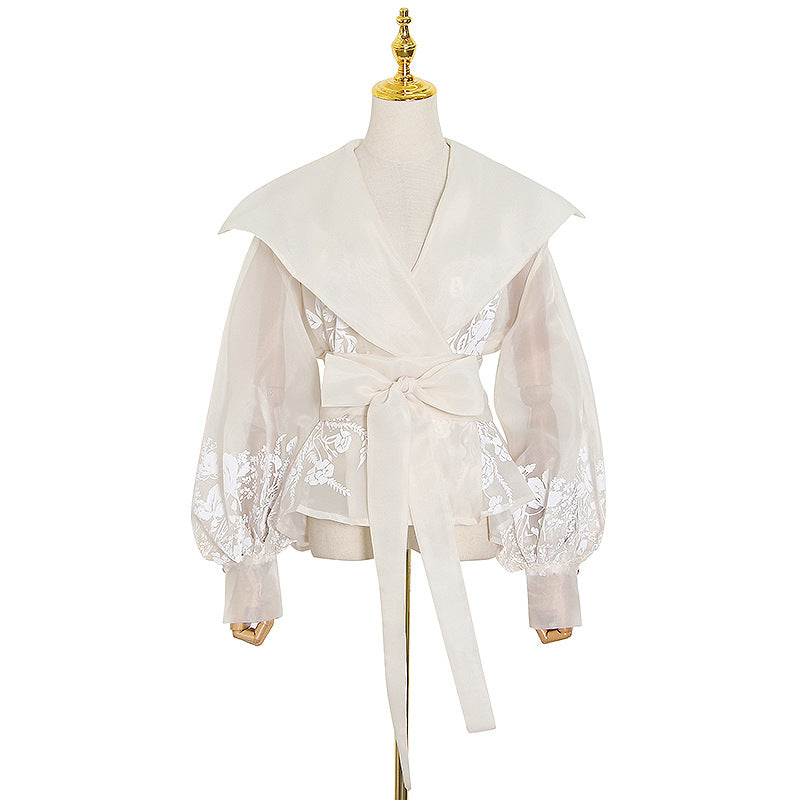 Gentle Printed Top for Women Spring Elegant Fashionable All Match Collar Lantern Sleeve Lace up Shirt