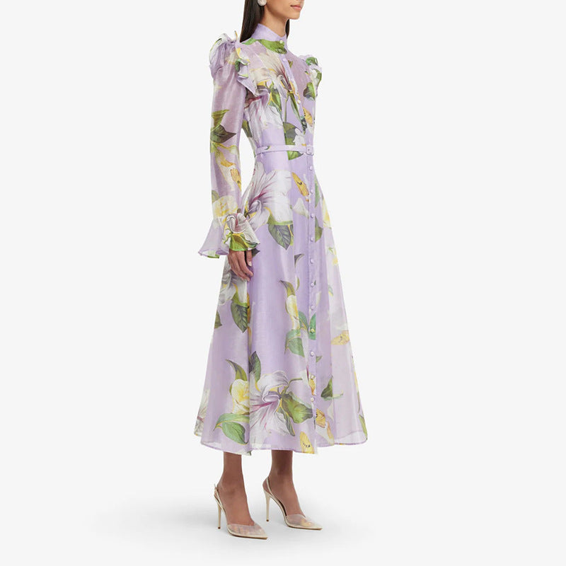 French Stand Collar Single Breasted Belt Ruffled Flared Sleeve Dress