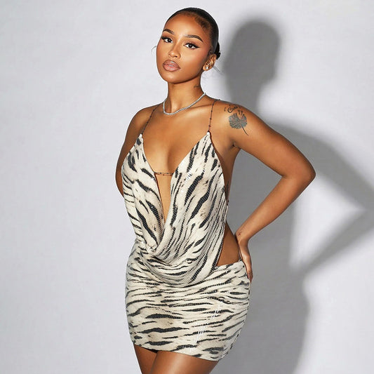 Zebra Pattern Swing Collar Bare Back Top Tight Mid Length Skirt Set