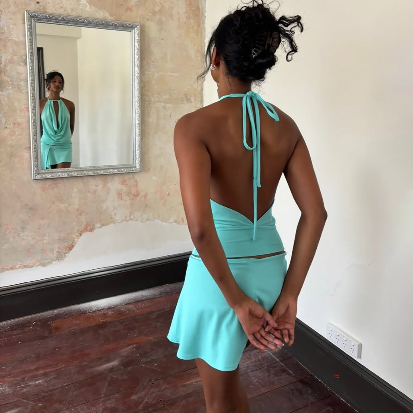 Solid Color Sleeveless off Neck Lace up Backless Top Low Waist Slim Skirt Sets