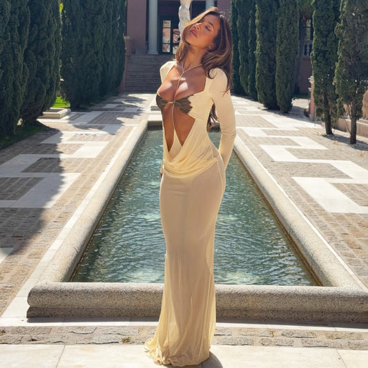 Long Sleeve Sexy Cutout See through Slim Fit Sheath Dress
