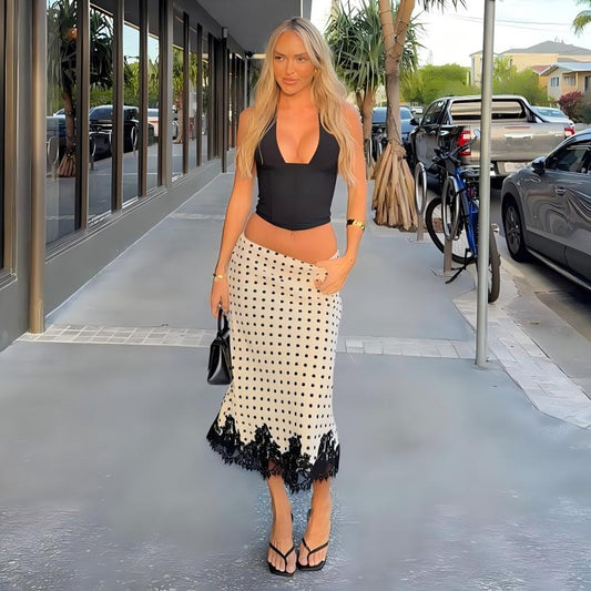All Match Polka Dot Printed Lace Stitching Midi Skirt