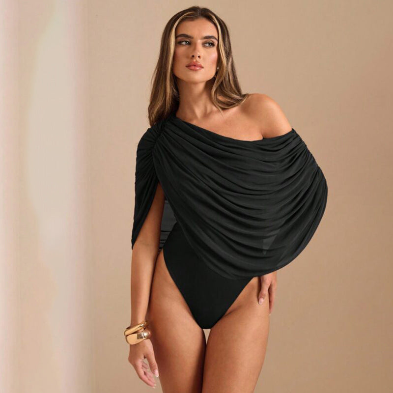 Mesh Loose Pleated Sloping Shoulder off the Shoulder Jumpsuit