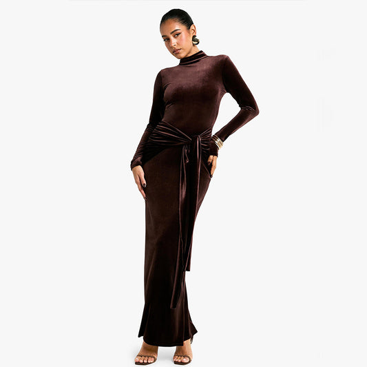 Lace Pleated Long Sleeve Maxi Dress