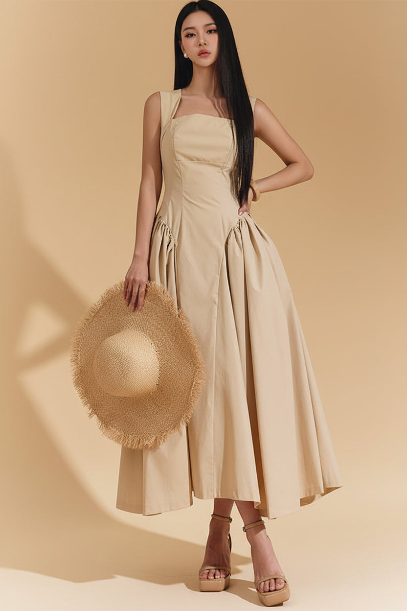 Retro Cami Dress Early Spring Solid Color Sleeveless Elegant Stitching Ruffled Dress Women