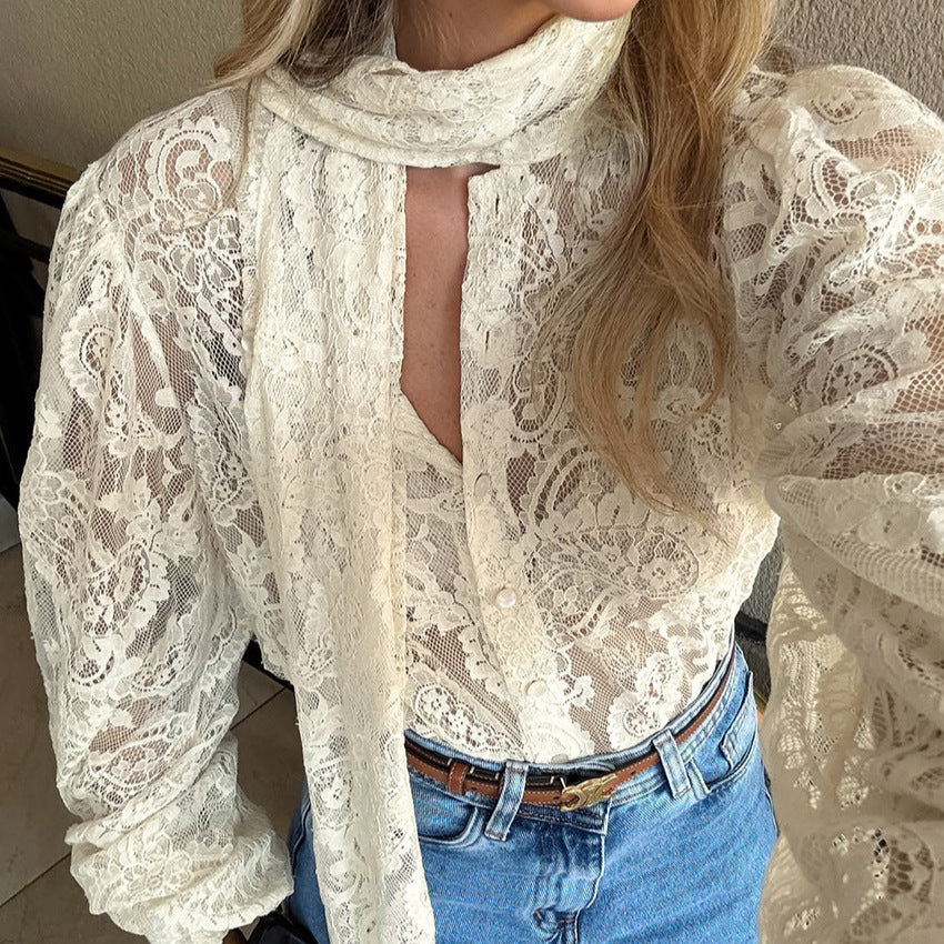 See through Apricot Lace Hollow Out Cutout out Office Long Sleeve Shirt