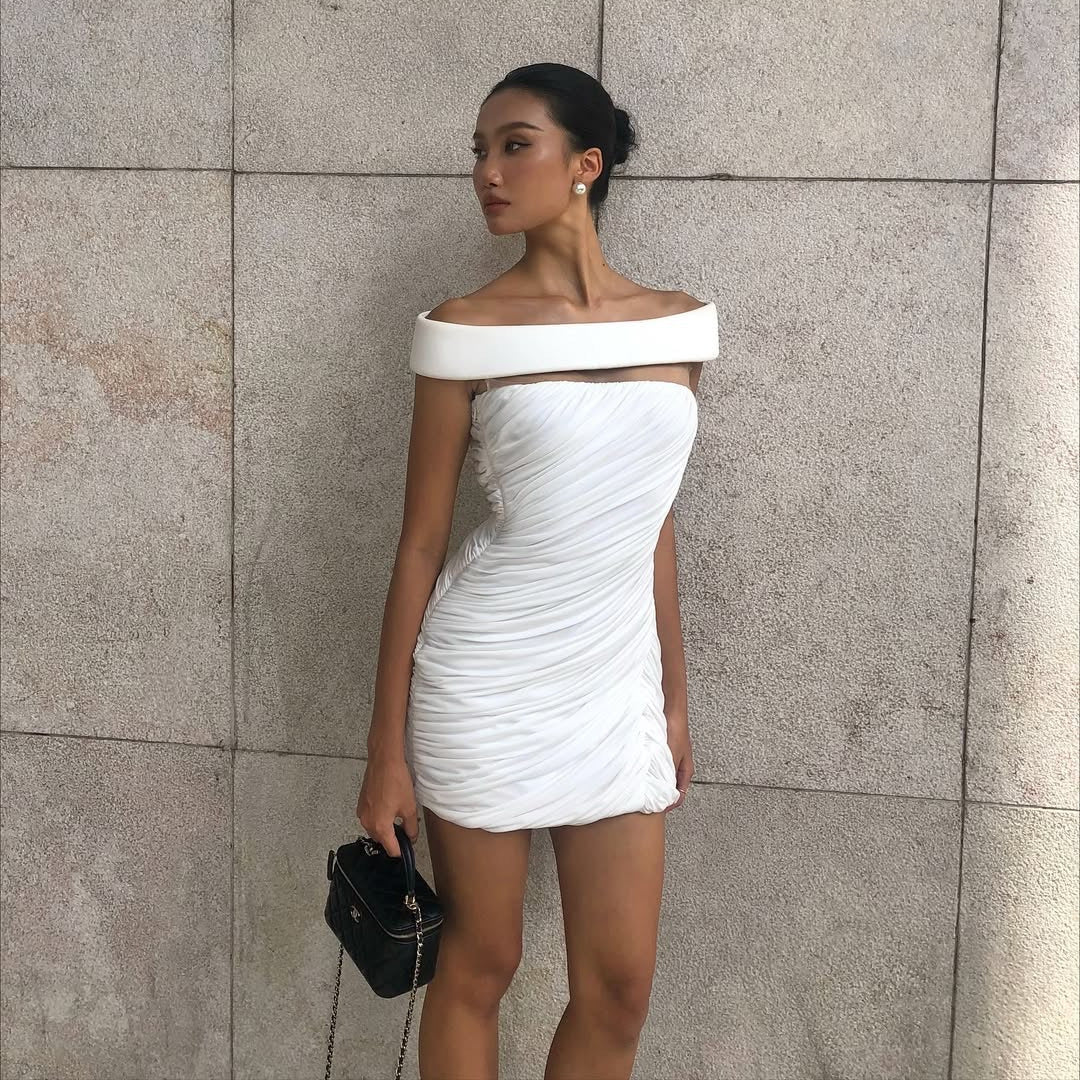 Off Shoulder White Ruffle Hip Short Dress Slim Fit