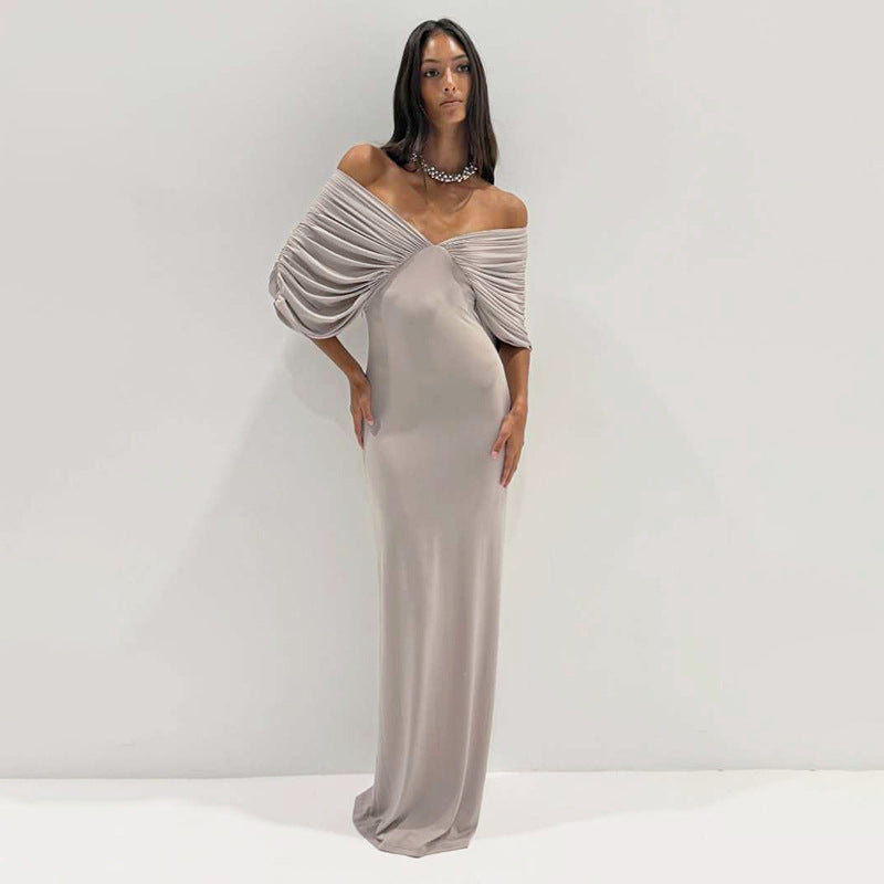off Neck Sleeve Slim Solid Color Maxi Dress