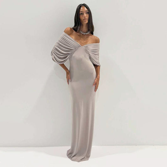 off Neck Sleeve Slim Solid Color Maxi Dress