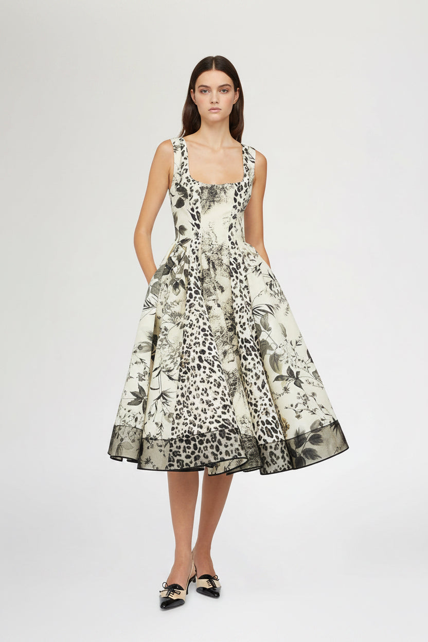 French Sexy Strap Square Collar Sleeveless Waist Midi Dress