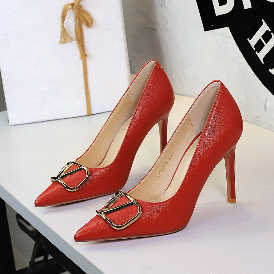 Metal V Buckle Pointed Toe Super High Heel Stiletto
