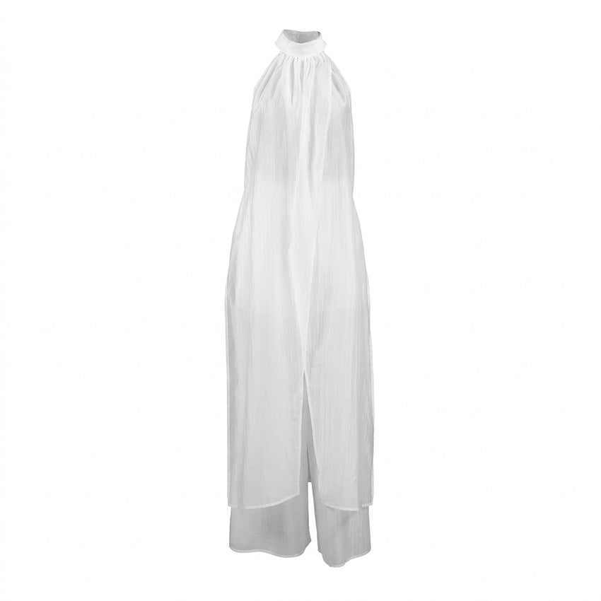 White Tencel Sleeveless Halter Long Vest Pants Two Piece Set Casual Set