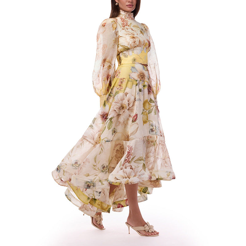 Autumn High Neck Puff Sleeve Waist Controlled Top Big Hem Skirt Sets