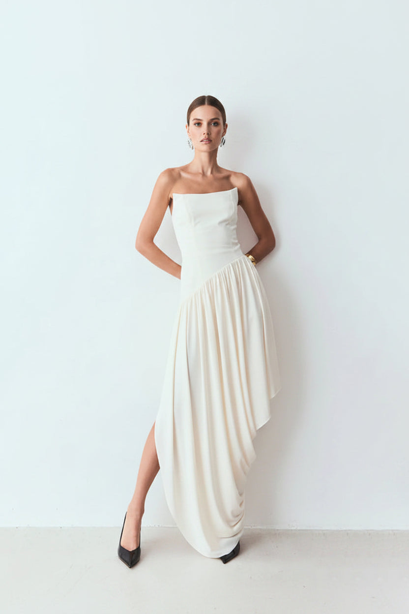 Pleating Dress Sleeveless Tube Top Design Irregular Asymmetric Dress
