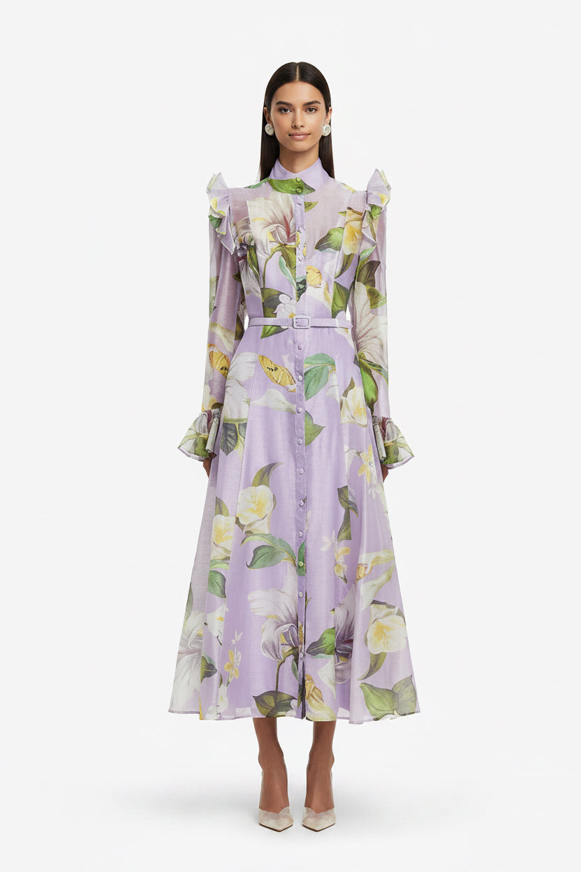 French Stand Collar Single Breasted Belt Ruffled Flared Sleeve Dress