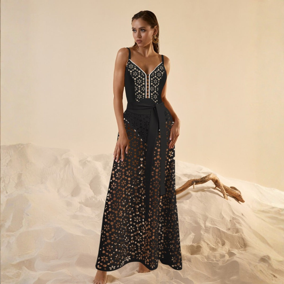 Swimsuit black laser Hollow Out Cutout swimsuit set maxi dress