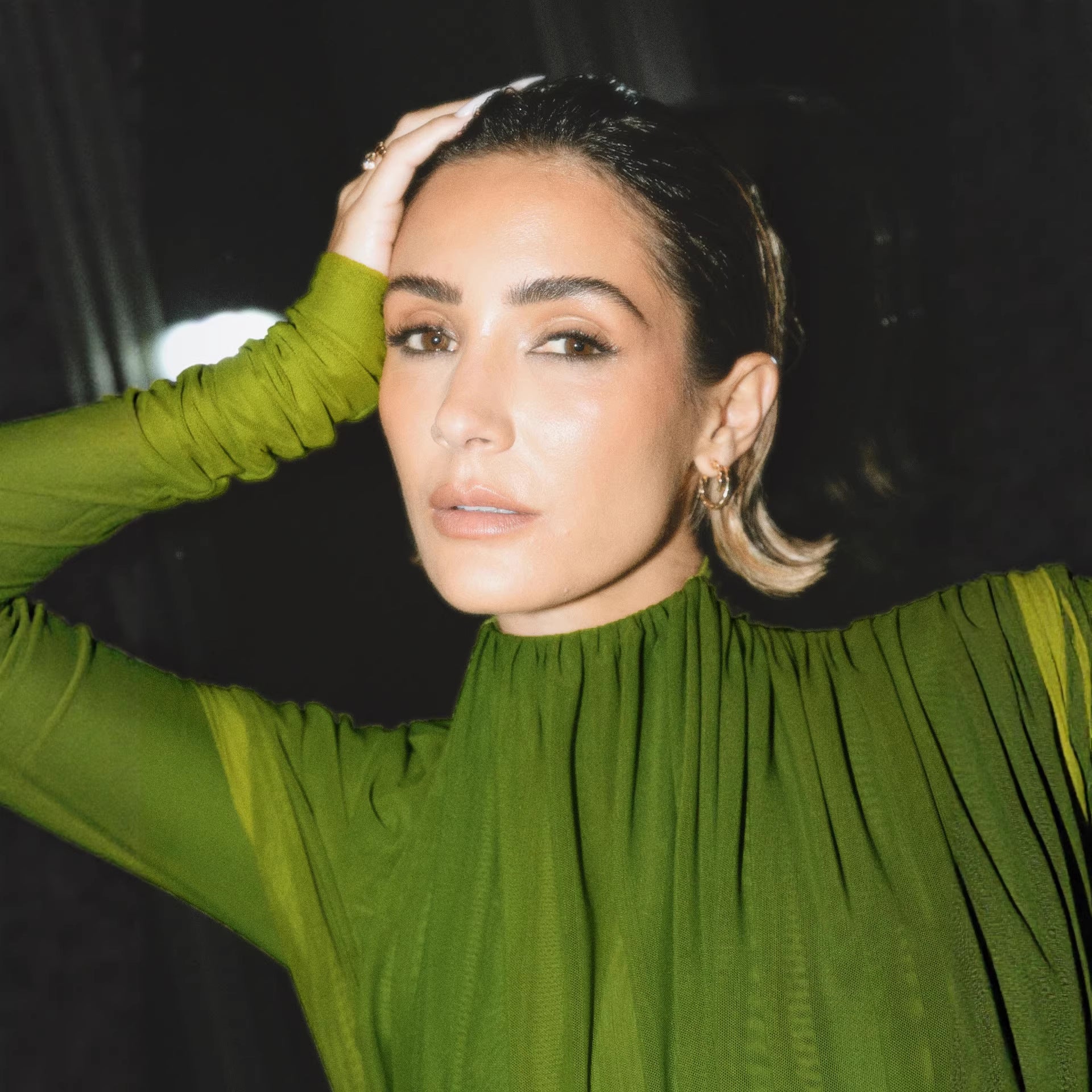 Dress Winter round Neck Green Pleated Long Sleeve