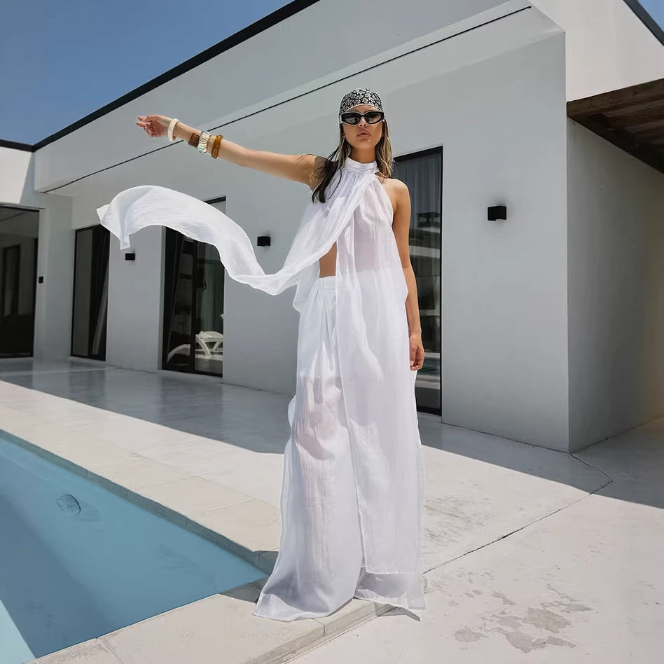 White Tencel Sleeveless Halter Long Vest Pants Two Piece Set Casual Set