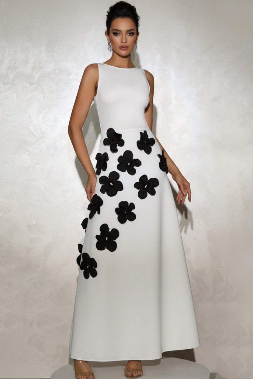 Three Dimensional Floral round Neck Sleeveless High Waist A line Dress