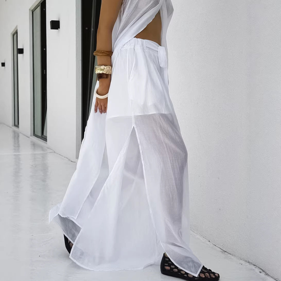 White Tencel Sleeveless Halter Long Vest Pants Two Piece Set Casual Set