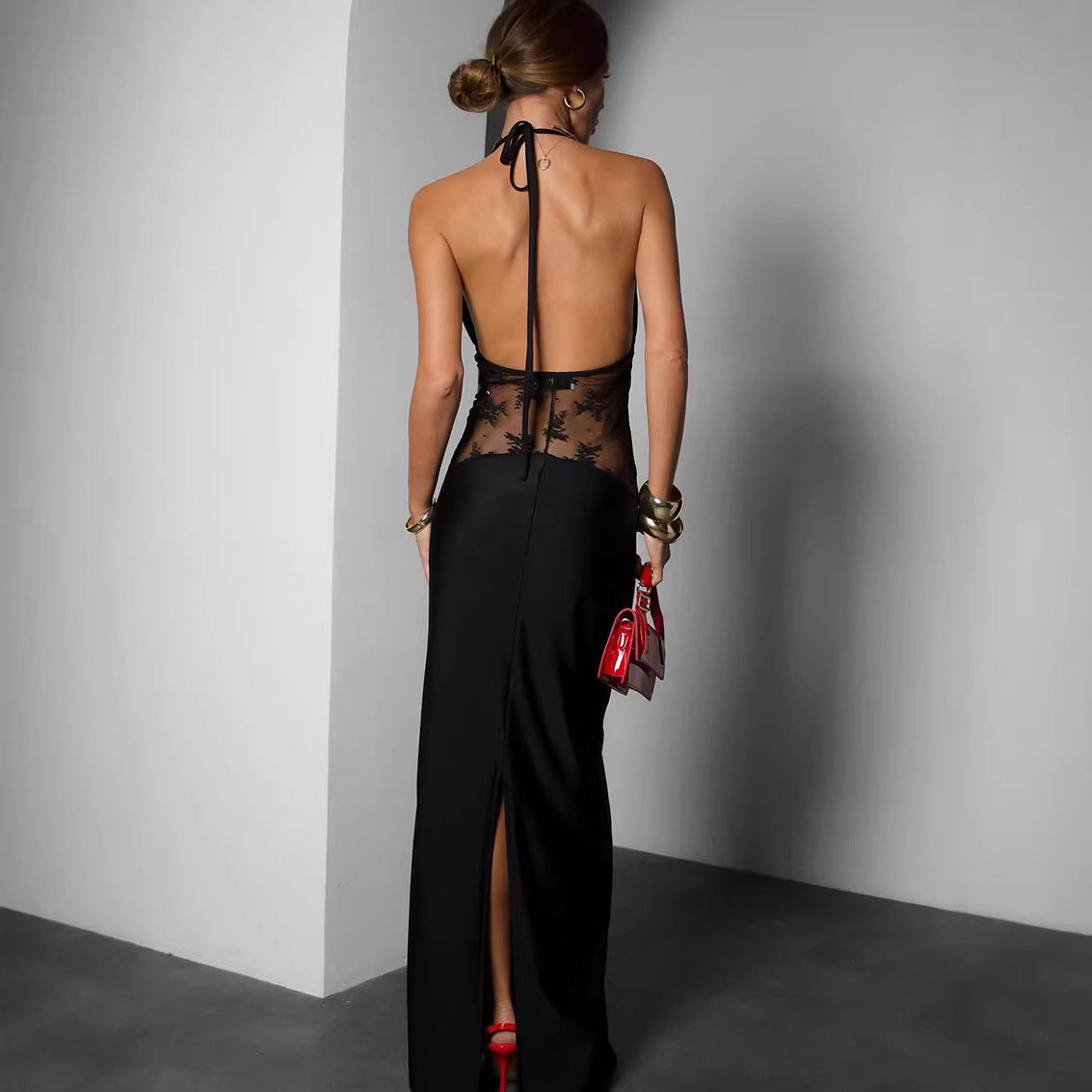 Elegant Black Sexy Backless Lace Stitching Halter Sleeveless Dress
