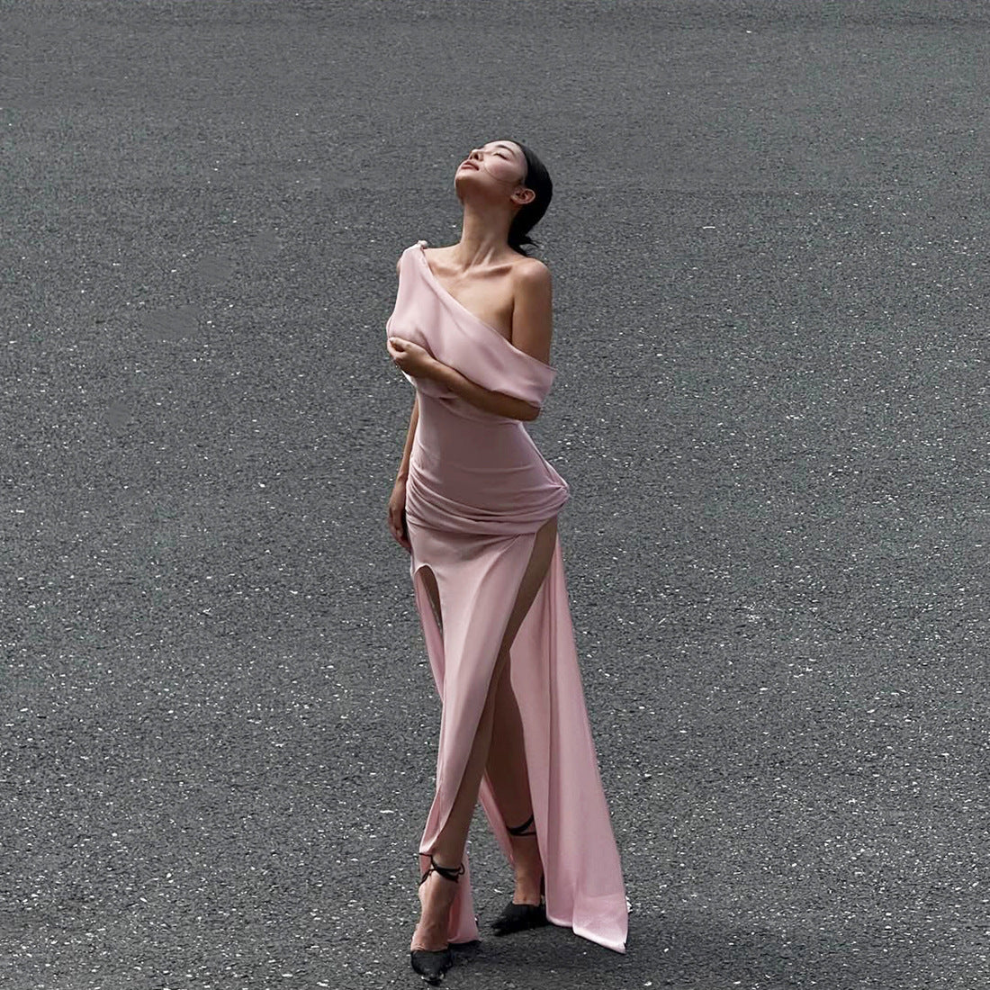 Collar off the Shoulder Slim Fit Slit Pleated Design Dress for