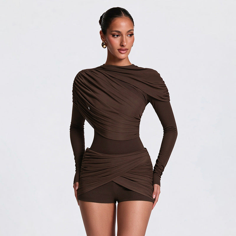 Solid Color Casual Round Neck Long Sleeve Slim Pleated