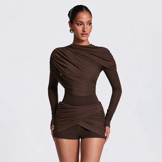 Solid Color Casual Round Neck Long Sleeve Slim Pleated
