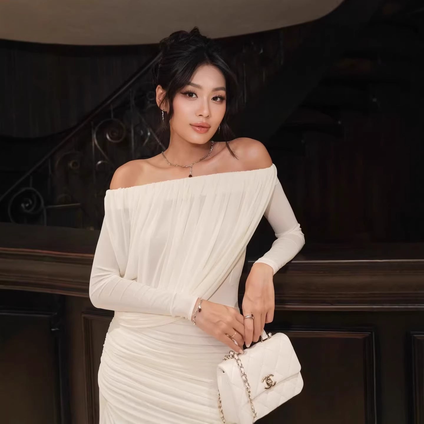 Spring Summer Vietnam Niche Maillard off Shoulder Shoulder Baring Mesh Dress Elegant Birthday Dress