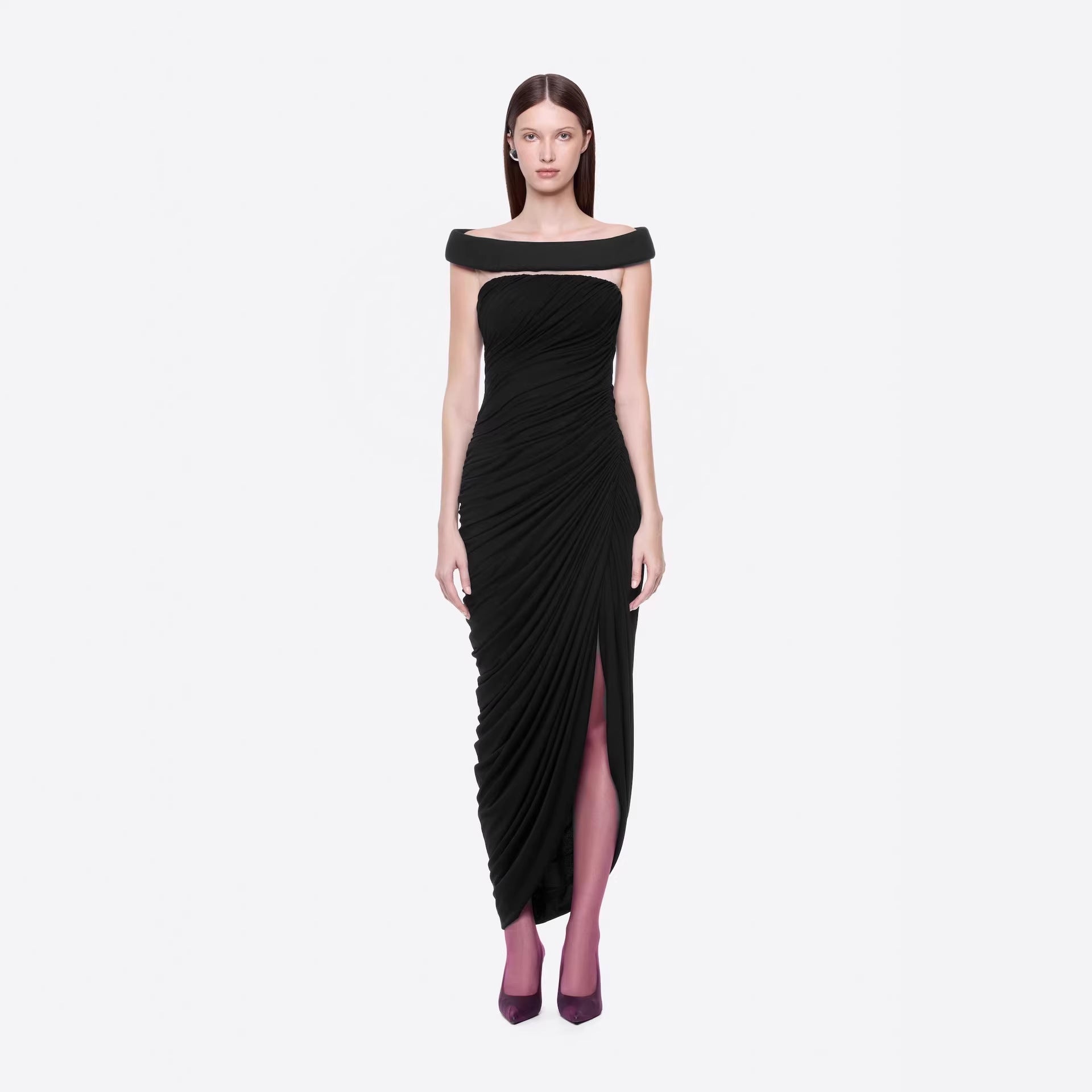 Sexy off the Shoulder Side Slit Draping Effect Pleated Slim Fit Dinner Birthday Party Dress