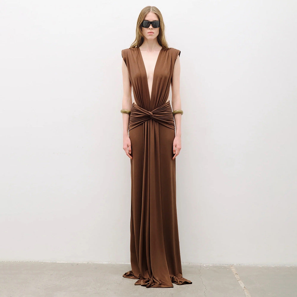 Brown Twisted Pleated Sleeveless Deep V Plunge Hip