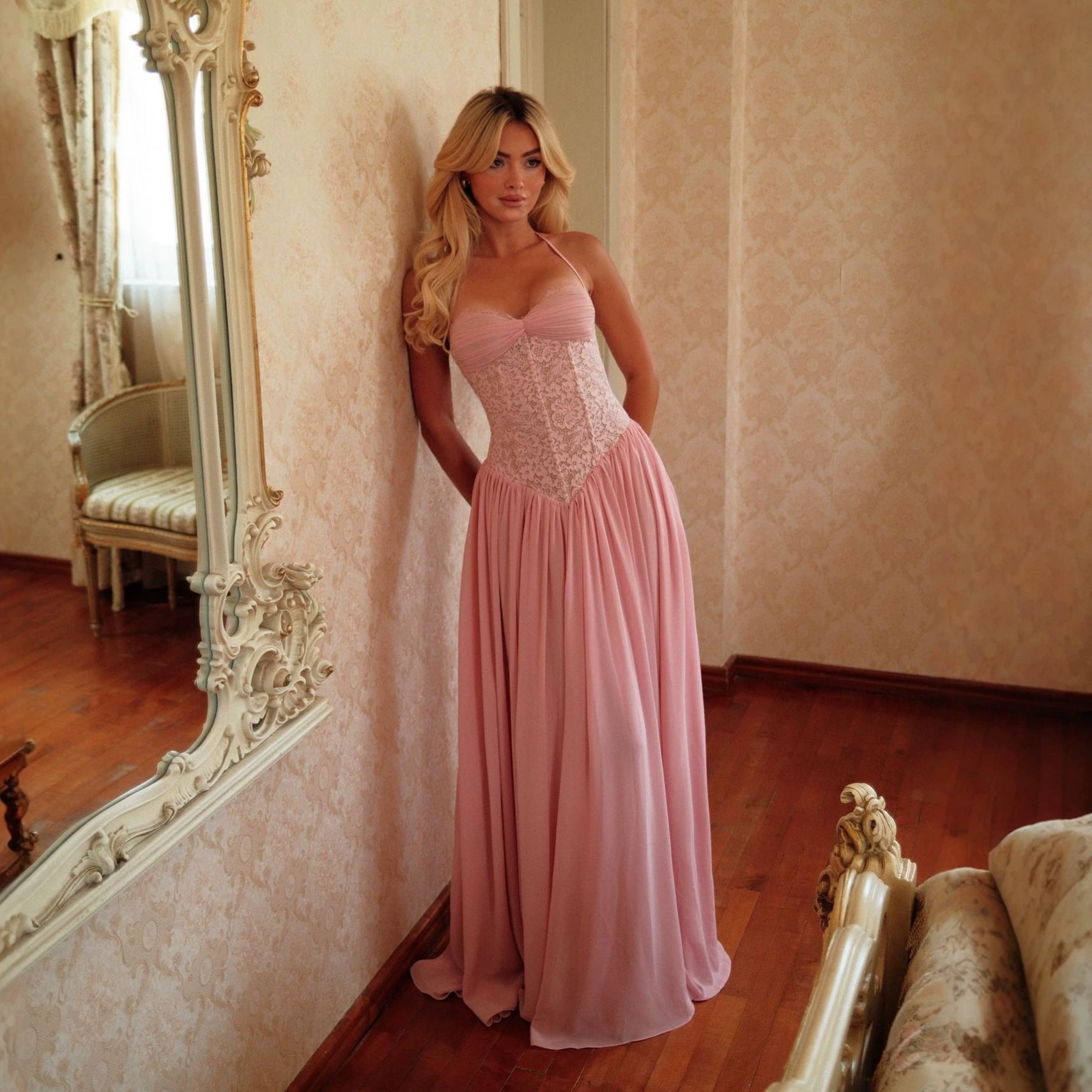 Halter Dress Lace Waist Chiffon Dress Bride Bridesmaid