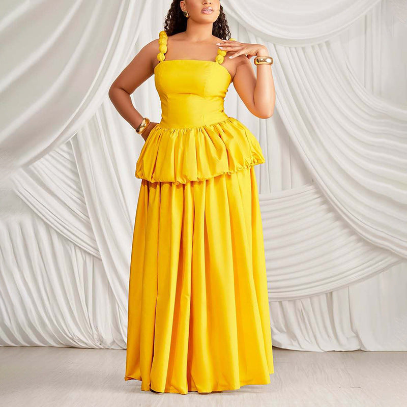 Elegant Three Dimensional Woven Halter Top Ruffled Solid Color Dress