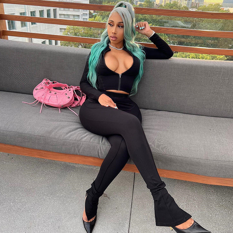 Collar Long Sleeve Casual Jacket Fitness Yoga Wear Trousers Set