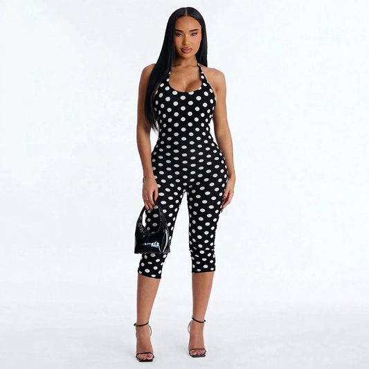 Polka Dot Print Sleeveless Halter Tied Slim Fit Cropped Jumpsuit