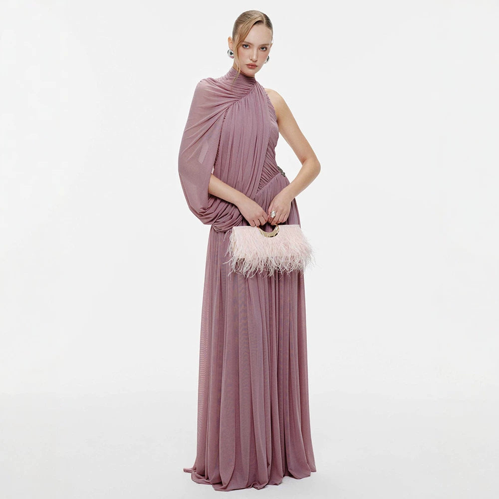One Shoulder Pinch Pleated Ribbon Vietnam Pleated Hip