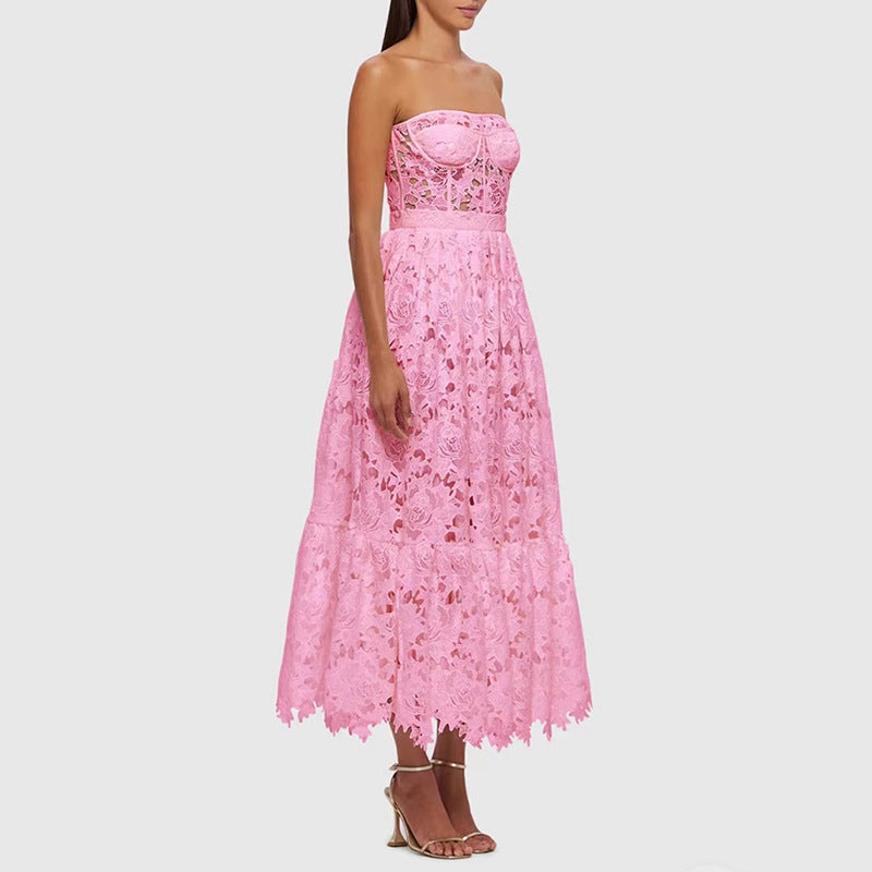 Elegant Solid Color Tube Top Maxi Dress Niche Design Embroidered Crocheted Waist Slimming Dress for Women